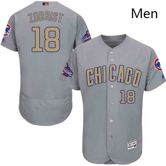 Mens Majestic Chicago Cubs 18 Ben Zobrist Authentic Gray 2017 Gold Champion Flex Base MLB Jersey